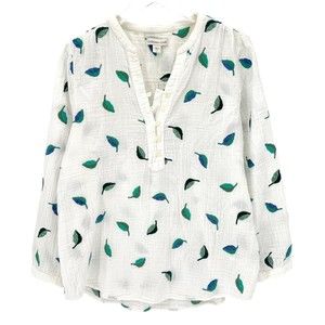 Coldwater Creek Leaf Embroidered Gauzy Blouse Cotton White Popover Size Large